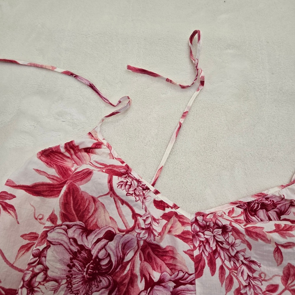 HM Pink Floral Toile Cotton Maxi Dress Tie Strap Womens Small V-Neck Summer - Picture 8 of 13